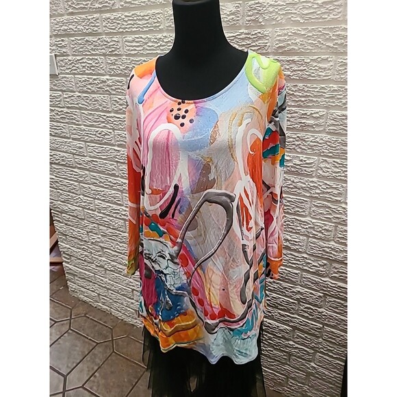 claire desjardins Tops - CLAIRE DESJARDINS Women's Size XL Abstract Art to Wear 3/4 Sleeve Funky Loud Top